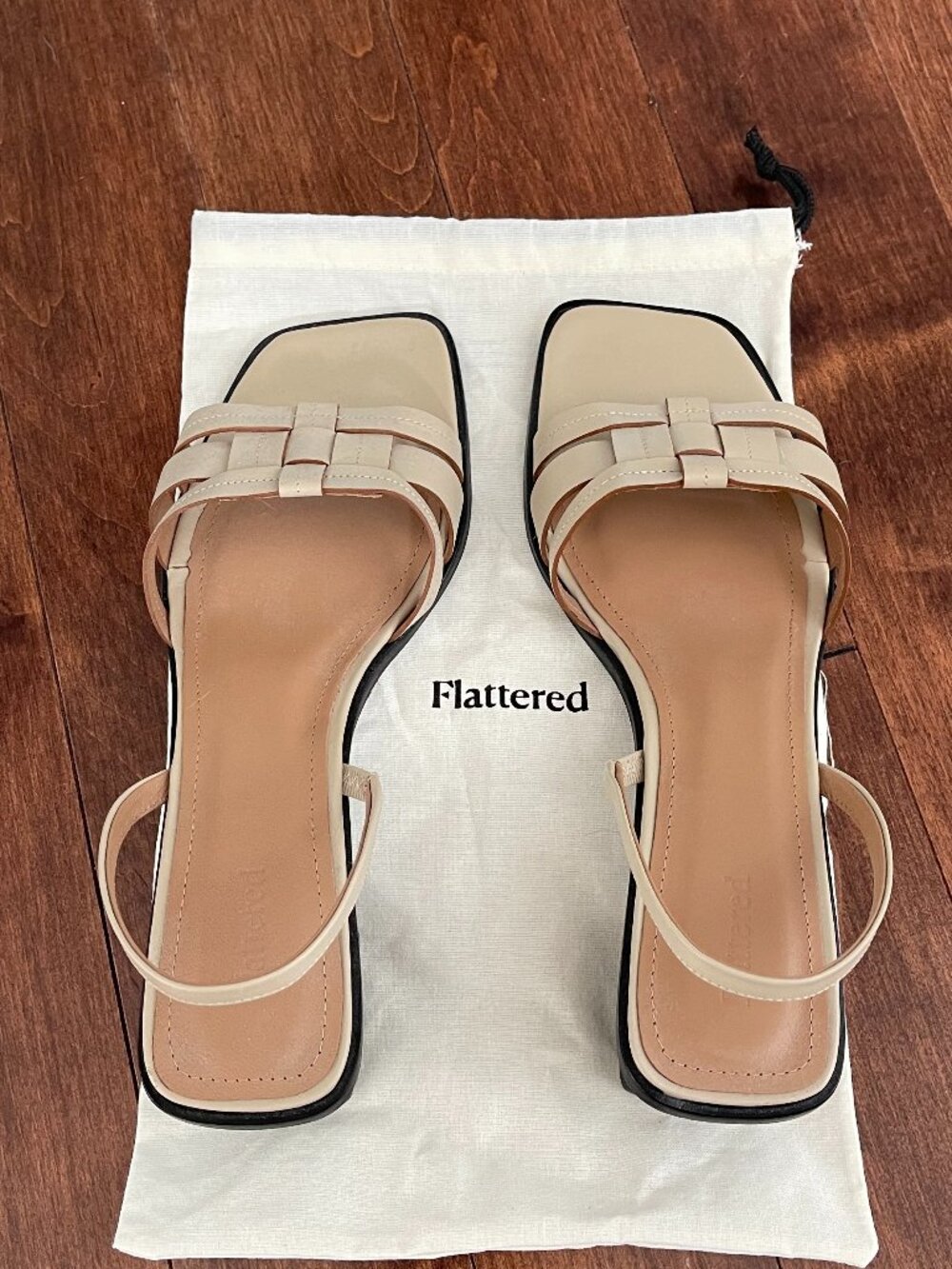 Flattered Cream Leather Square Toe Slingback Sandals Low Block Heel (NWOB)